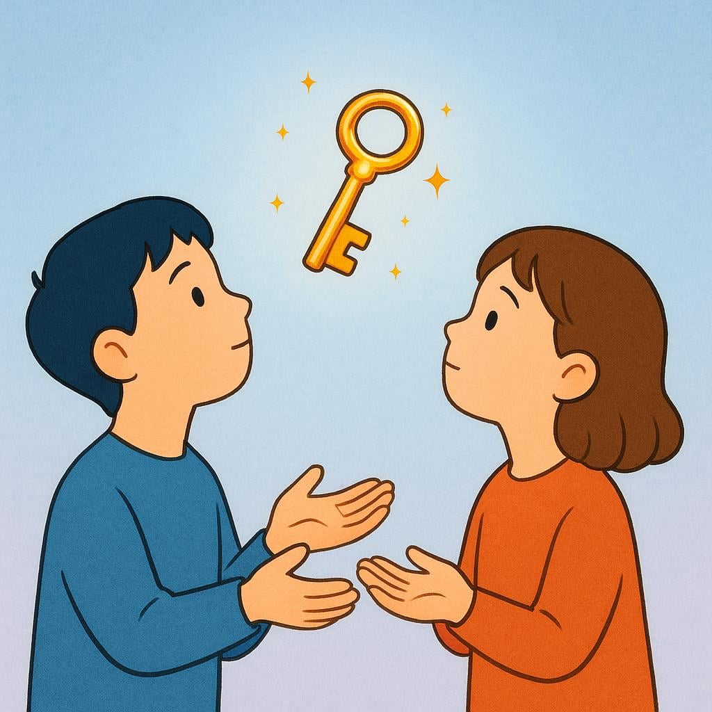 A storybook illustration showing two small figures reaching toward a golden key that is shimmering and floating slightly above their grasp, symbolizing a wish for something they hypothetically possessed.