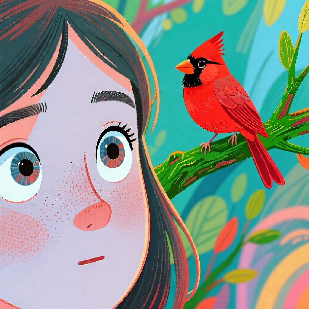 A person looking intently and clearly seeing a colorful bird sitting on a tree branch.