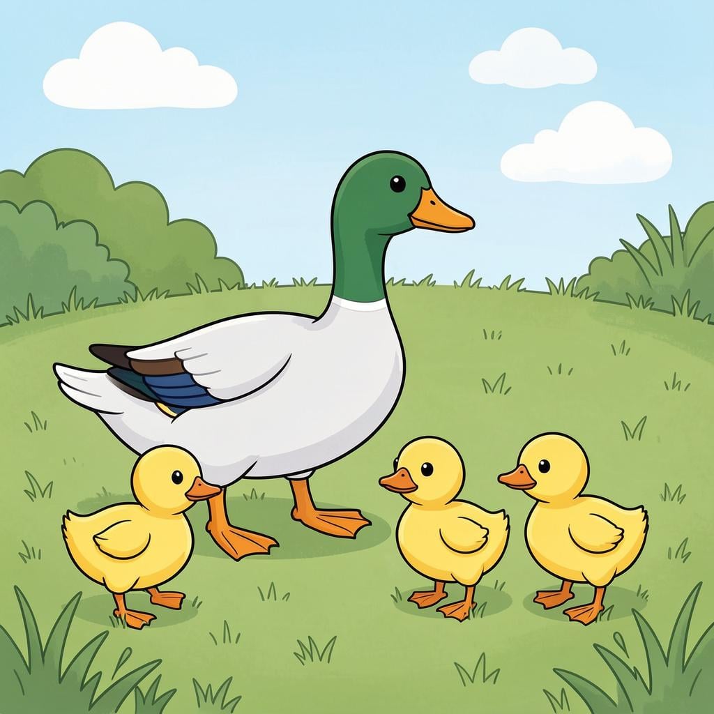 A mother duck followed by a line of small yellow ducklings.