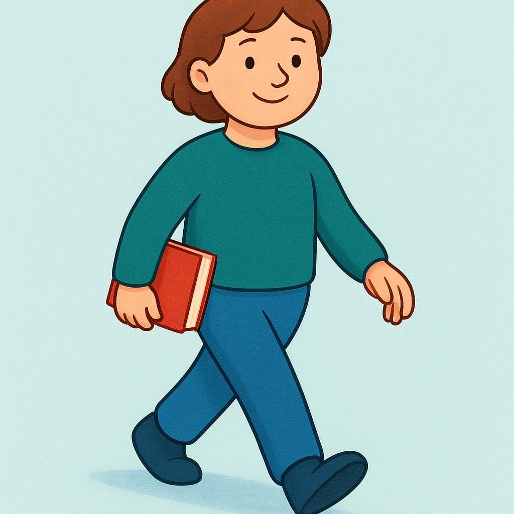 親しみやすい漫画のキャラクターが、赤い閉じた本を手に持って前進しているカラフルな絵本のイラスト。これは「traerlo」という動作(それを運ぶ)を象徴しています。