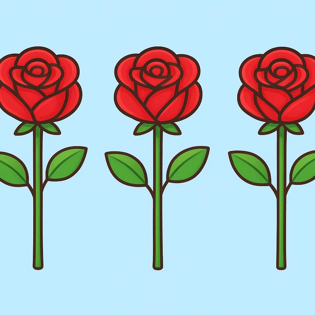 A horizontal row of three perfectly identical red roses with green leaves.