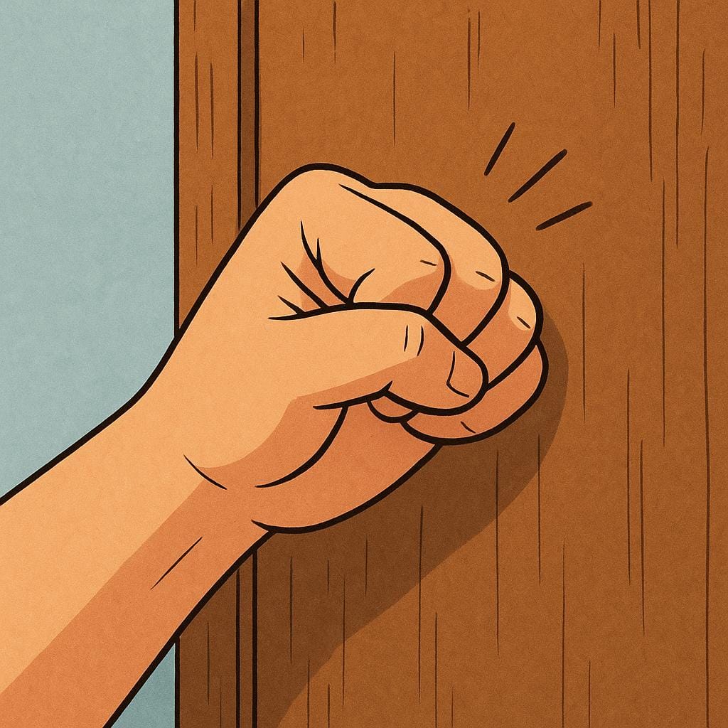 A fist raised, making contact with a simple brown wooden door.
