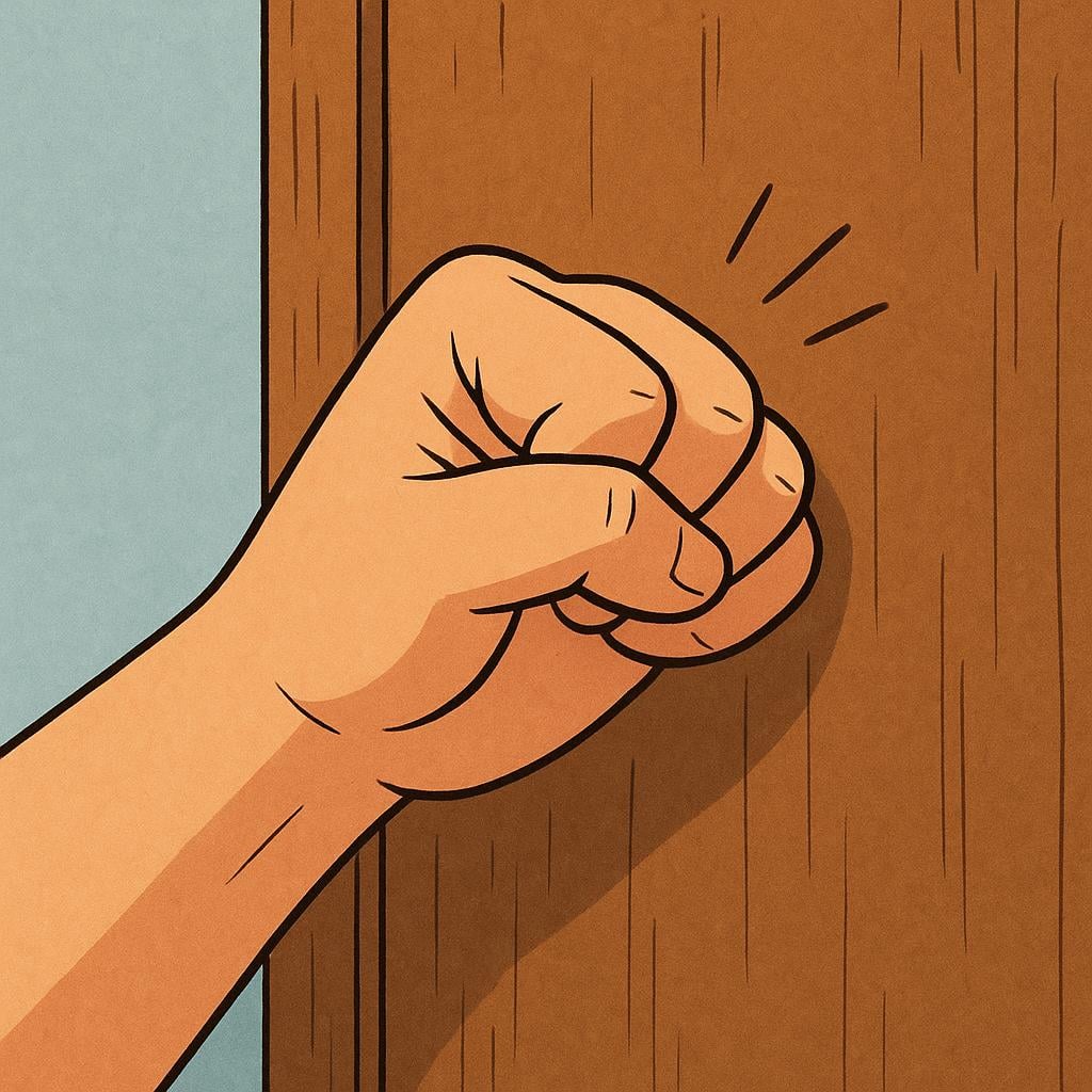 A fist raised, making contact with a simple brown wooden door.