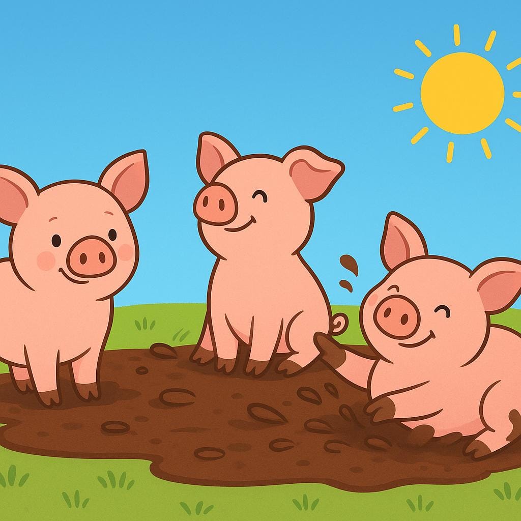 Three pink pigs standing together in a muddy pen on a farm.