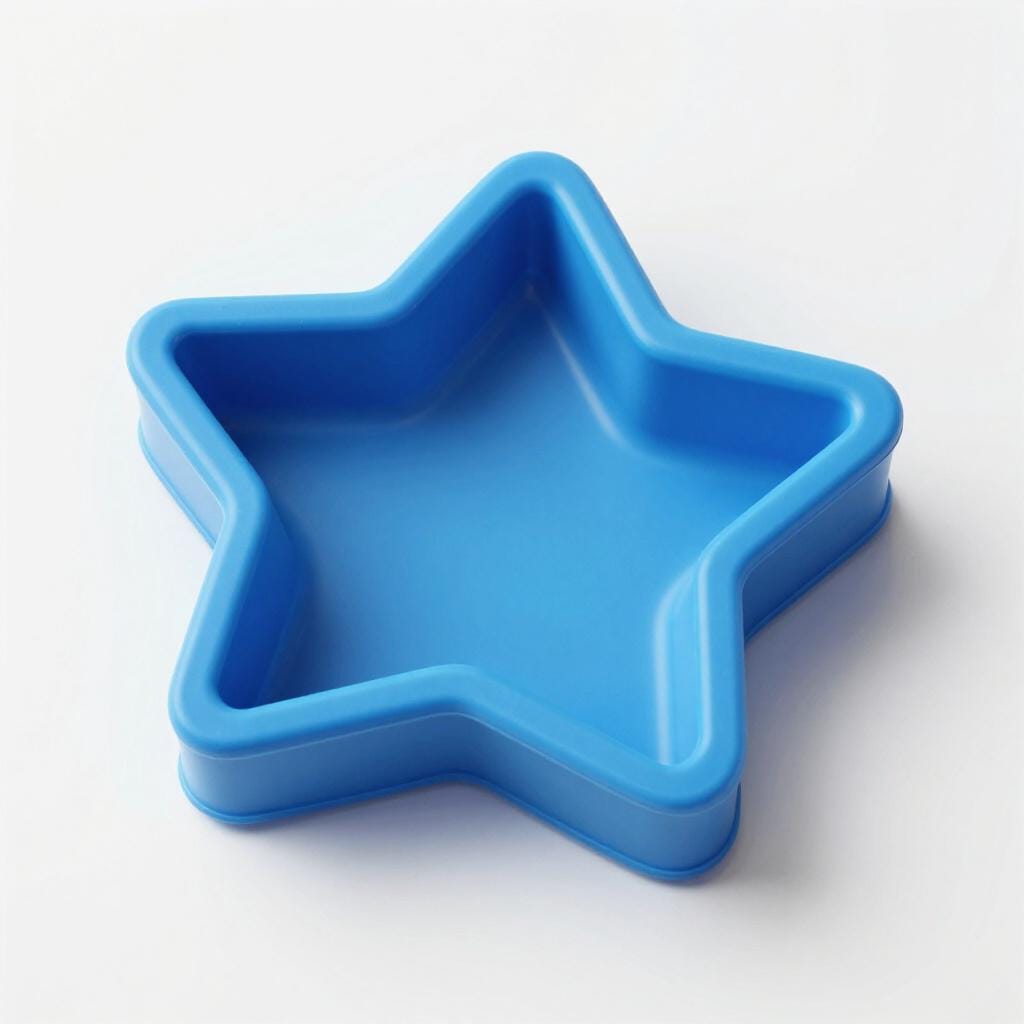 A blue star-shaped baking mold sitting on a kitchen counter.