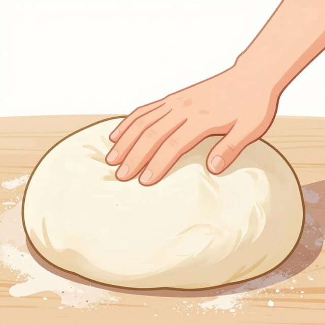 A hand pressing into a soft, fluffy piece of dough on a wooden table.