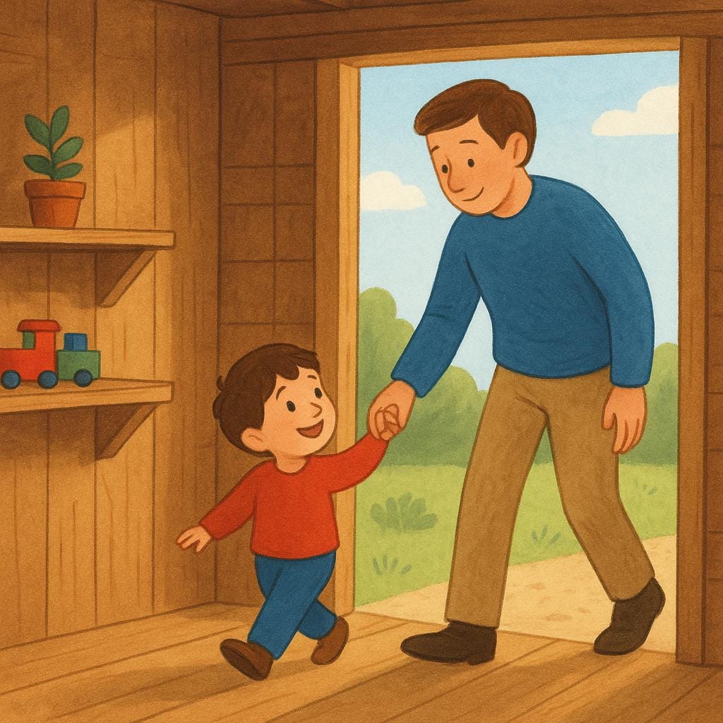 Una persona che tiene la mano di un'altra persona e la conduce gentilmente fuori da una stanza o ingresso di un edificio dai colori vivaci e distintivi.