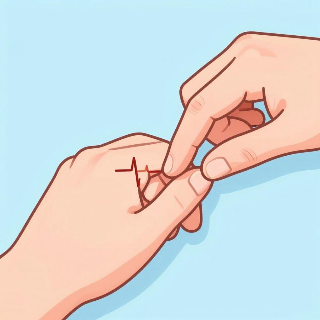 A person's index and middle fingers resting on another person's wrist to check their pulse.