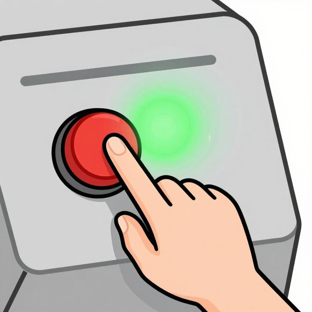 Une main appuyant sur un gros bouton rouge sur un panneau de contrôle pour éteindre une lumière verte.