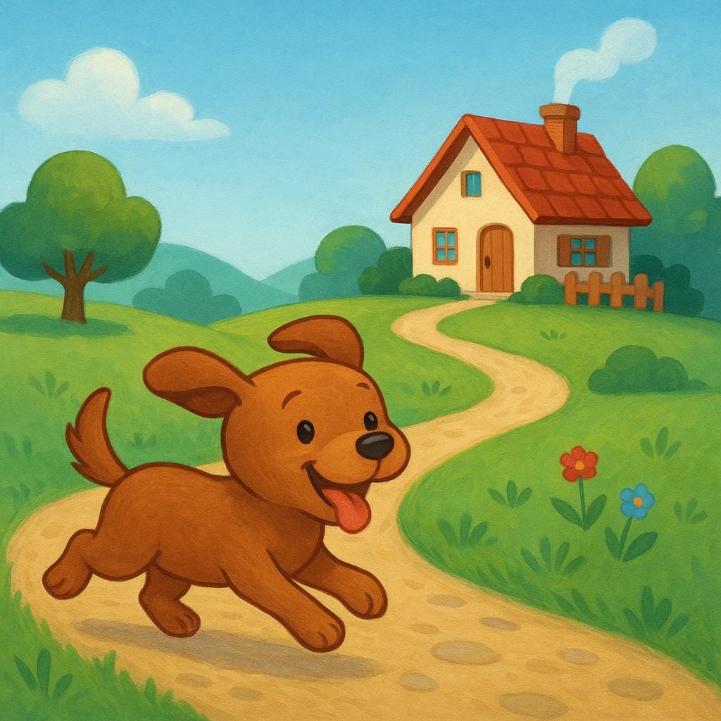 A small brown dog is happily running down a winding path towards a cozy red-roofed cottage.