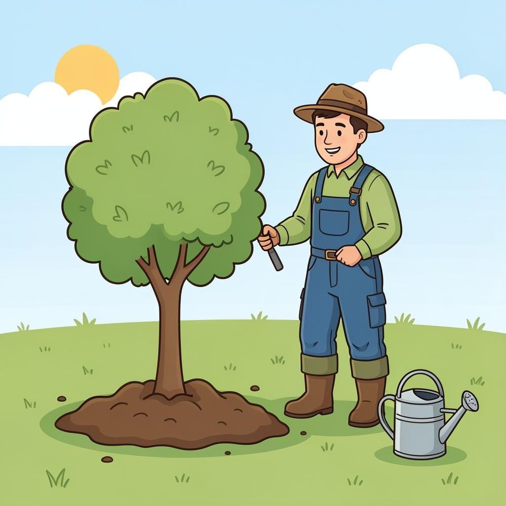 A gardener standing next to a freshly planted tree with a watering can.
