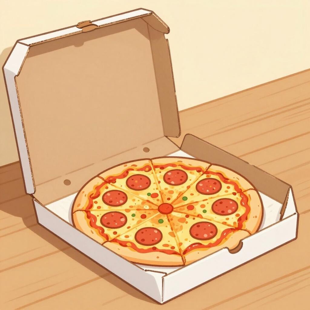 A single slice of pizza sitting alone in an open cardboard box on a wooden table.