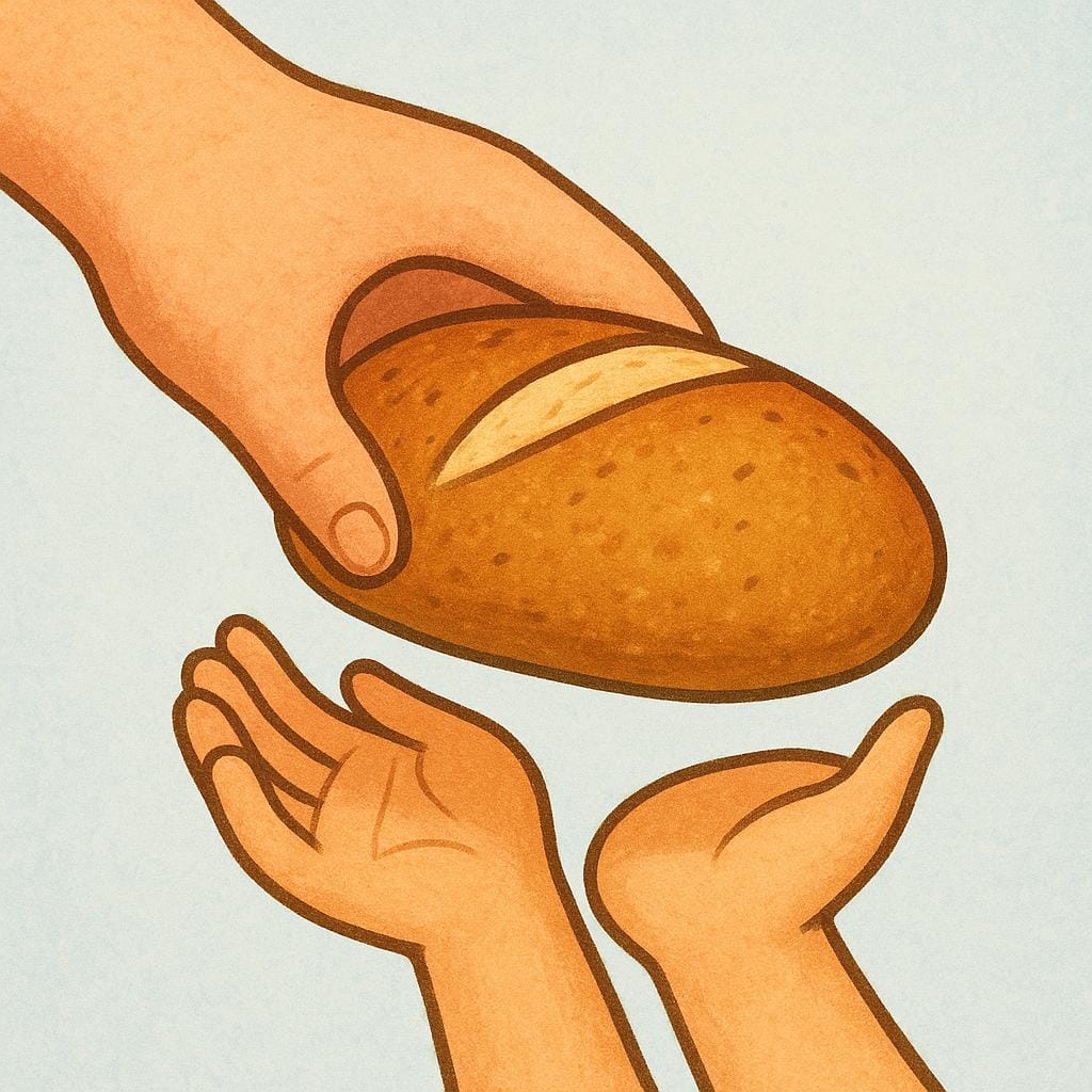 A close-up view of one hand gently placing a piece of bread into the open palm of another hand, symbolizing giving aid.