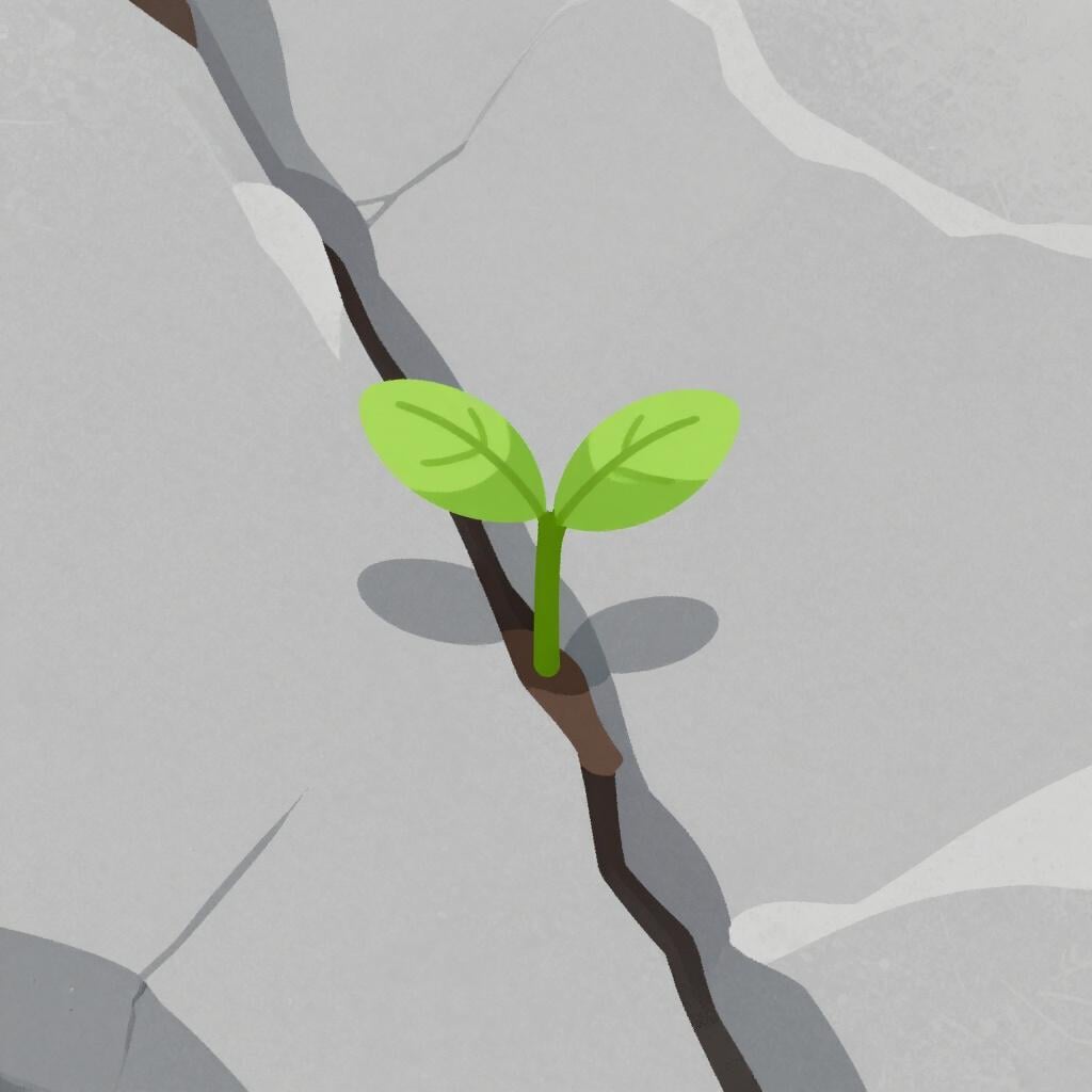 A small green plant growing out of a crack in a hard stone pavement.