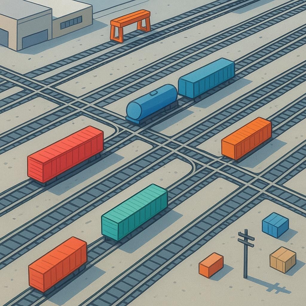 An overhead view of a complex network of many parallel train tracks covering a wide, open space, with several brightly colored freight cars parked on them.