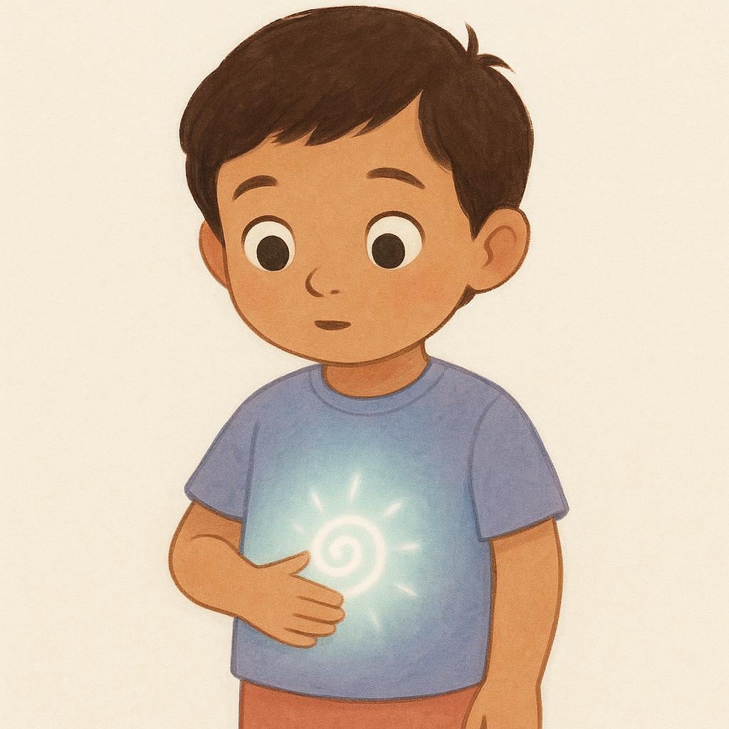 A young child standing still, gently holding their hand over their stomach, which emits a faint, soft yellow glow, symbolizing intuition or a 'gut feeling.'