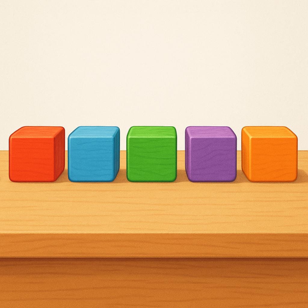 Five identical, brightly colored square blocks placed perfectly in a straight, orderly line on a flat surface.