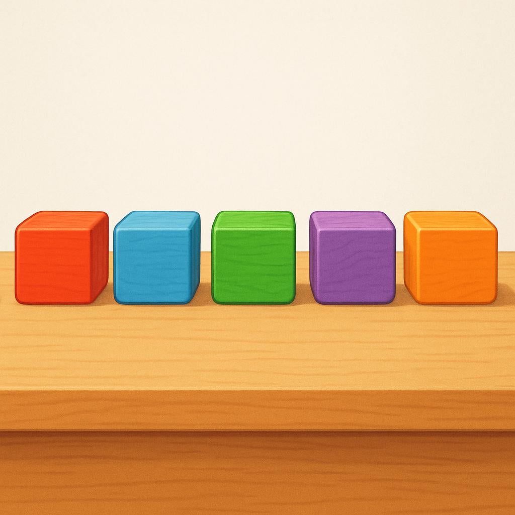Five identical, brightly colored square blocks placed perfectly in a straight, orderly line on a flat surface.