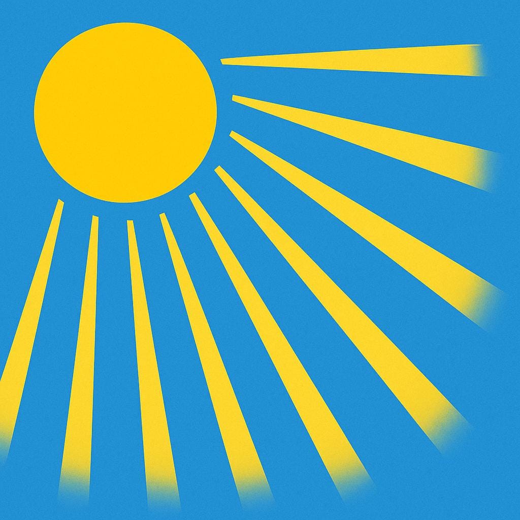 Straight, visible beams of bright yellow sunlight radiating outwards from a central point.