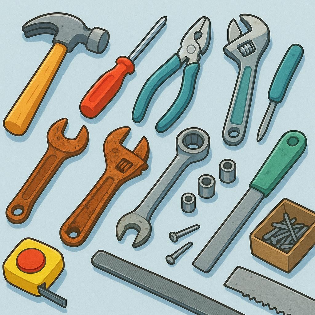 A colorful illustration showing a selection of hand tools, including several good, shiny wrenches, and two wrenches that are extremely rusty, bent, and broken, representing the worst ones.
