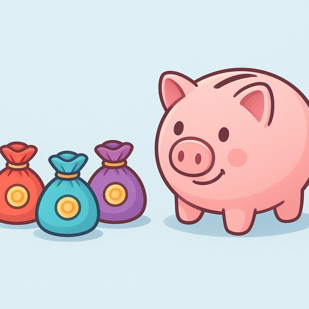 Three identical, small money bags lined up sequentially, moving toward a large piggy bank, representing fixed payments.