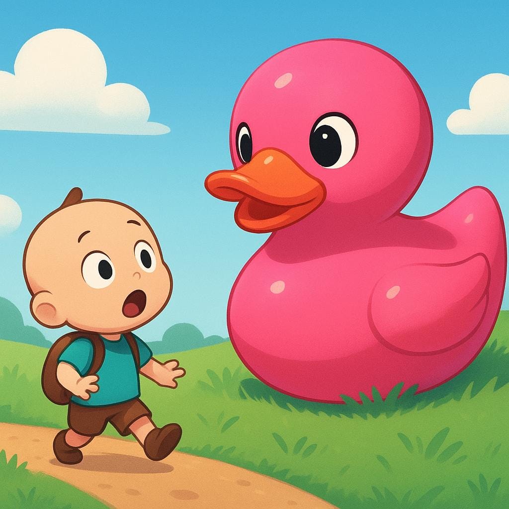A small character walking on a path, stopping instantly, staring up in wide-eyed surprise at a large, vibrant pink rubber duck that has just landed unexpectedly in the grass nearby.