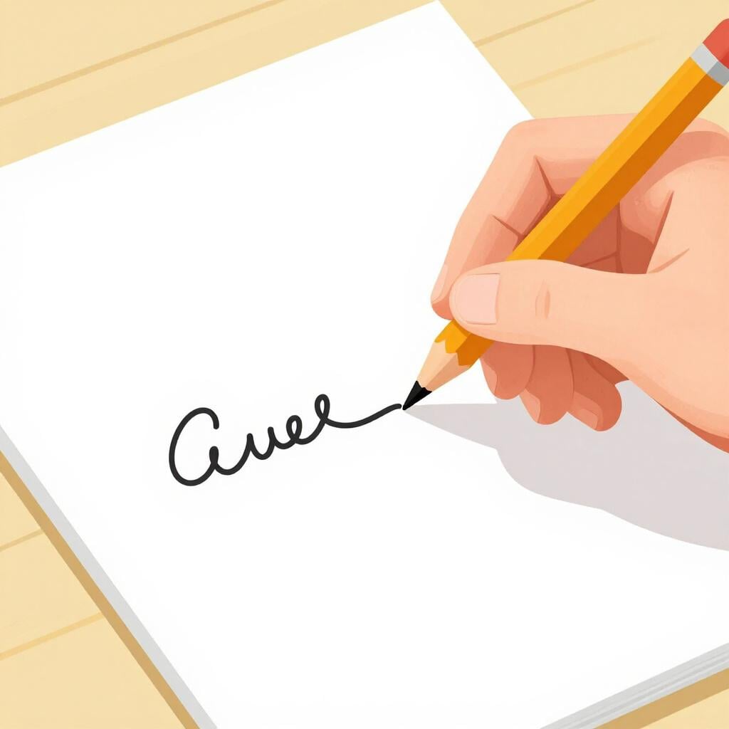 Um close-up de uma mão segurando um lápis de madeira, escrevendo letras cursivas nítidas num pedaço de papel pautado.