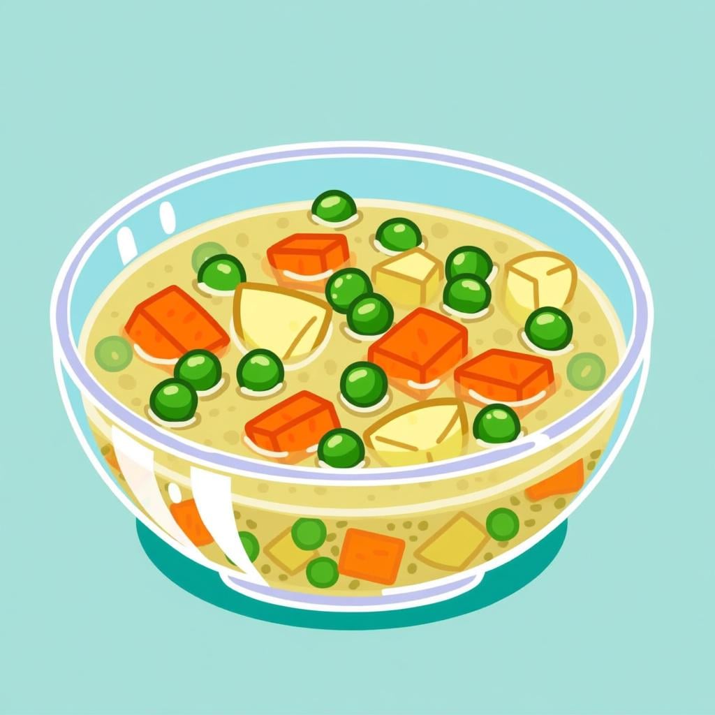 A clear glass bowl of vegetable soup showing visible, distinct chunks of carrot, potato, and green peas floating in broth.
