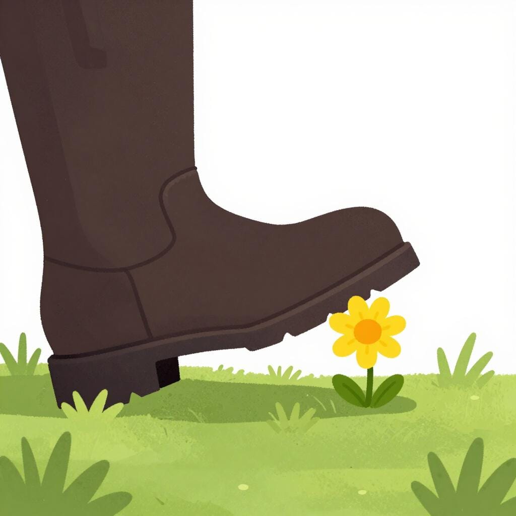 Une lourde botte de fer écrasant une délicate fleur épanouie.