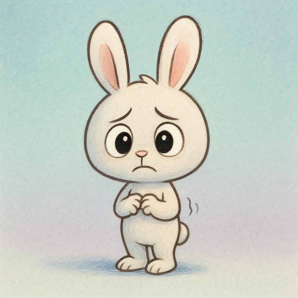 A simplified illustration of a small rabbit looking anxious, nervously rubbing its paws together.