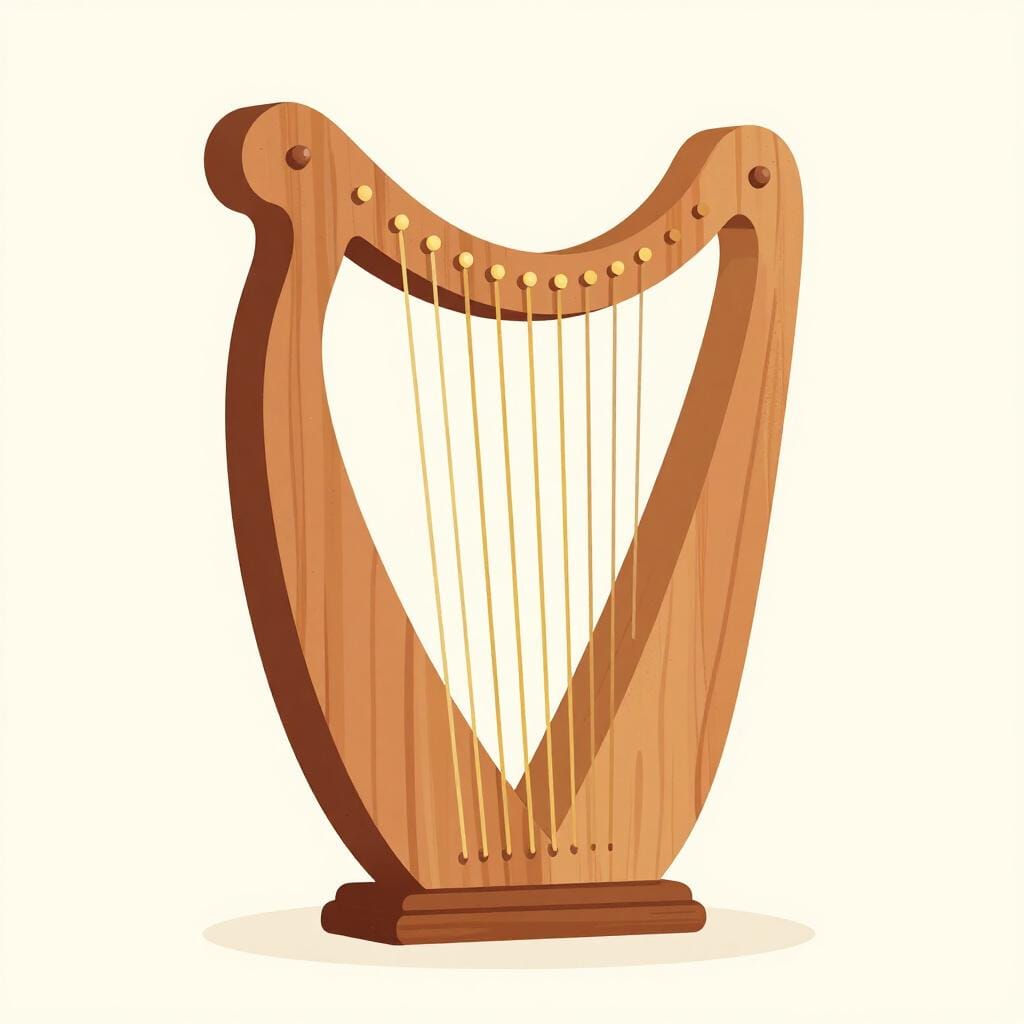 Eine antike Lyra aus Holz mit Saiten und einem U-förmigen Rahmen.