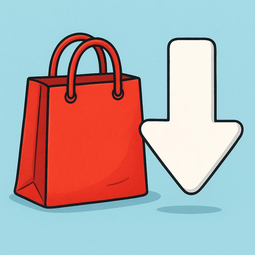 A red shopping bag with handles is placed next to a large, prominent, stylized white arrow pointing down, symbolizing a discounted price or sale.