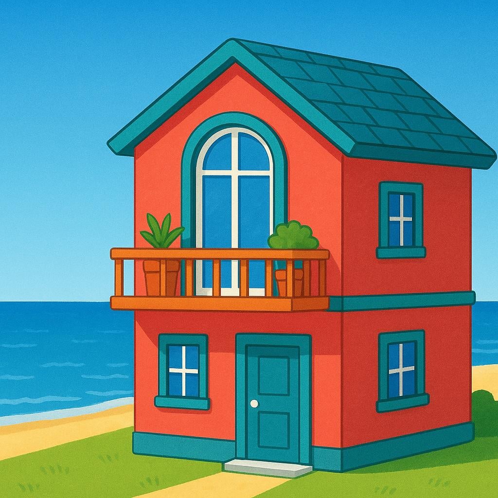 A colorful house with a large balcony that is directly facing a vast, blue ocean view.