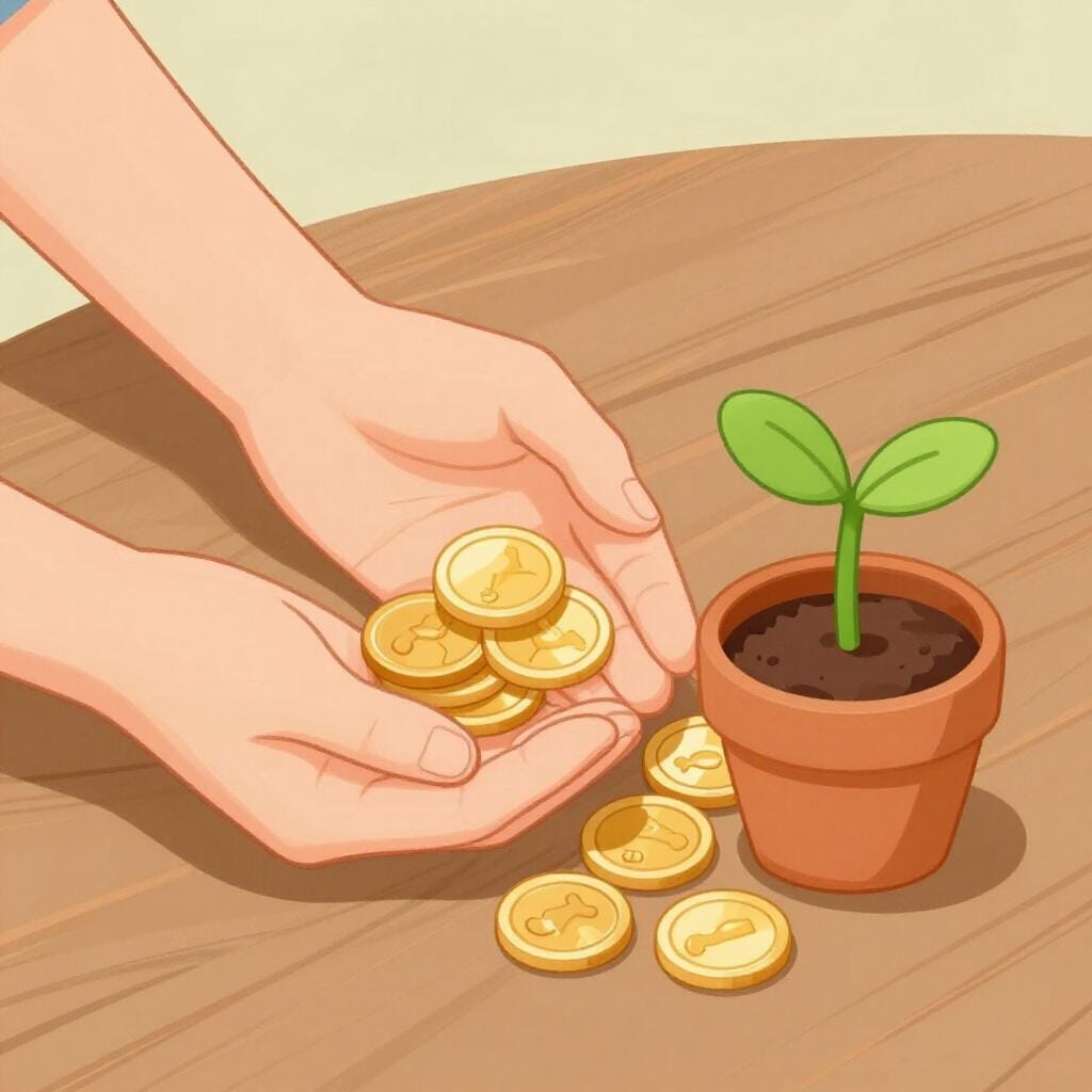 Een paar handen die een kleine stapel gouden munten vasthouden en een klein plantje dat uit een pot groeit.