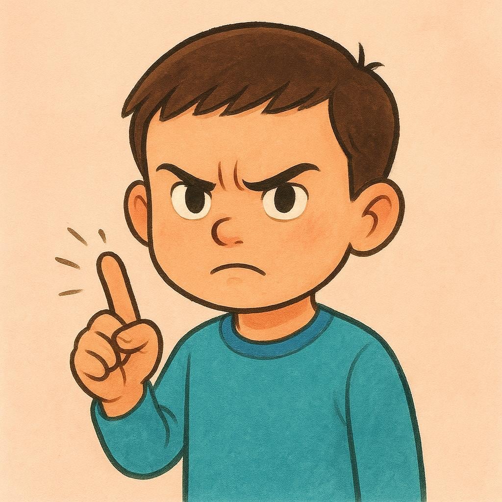 A simple illustration of a person shaking their index finger sternly, indicating a warning or menace.