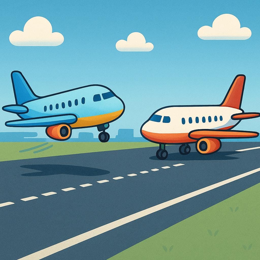 A minimalist illustration of two airplanes on an airport tarmac, one landed and one ready for takeoff, connected by a simple dotted line showing the passenger transfer path.