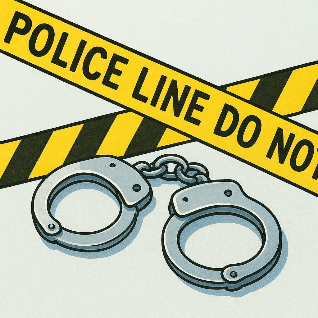 銀色の手錠が地面に置かれ、手前には黄色と黒の警察の規制線が張られている、シンプルな絵本風のイラスト。