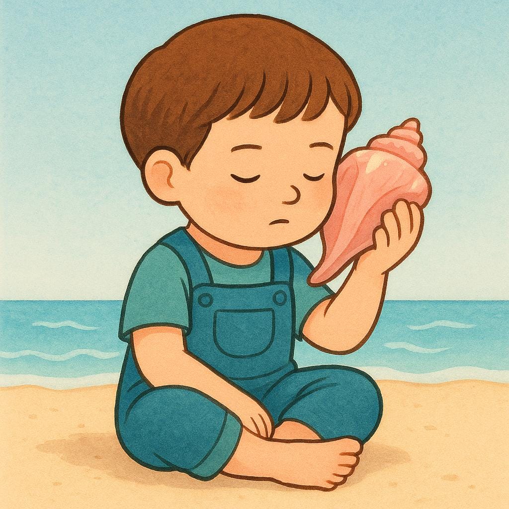 A young child sitting quietly and holding a large pink seashell up to their ear, demonstrating the action of listening.