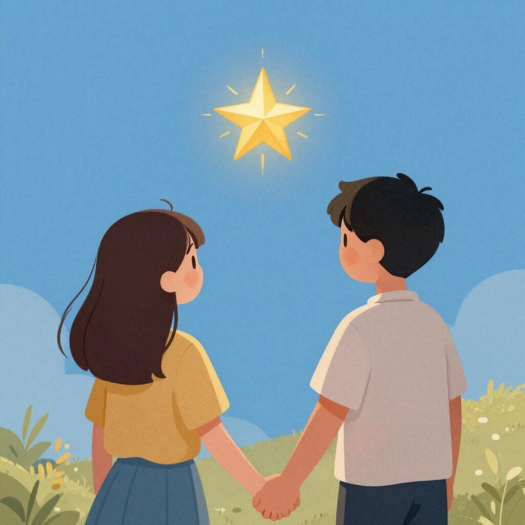 A colorful storybook illustration showing two stylized people, standing side-by-side and holding hands, gazing together towards a small, radiant golden star floating above them, symbolizing shared belief.