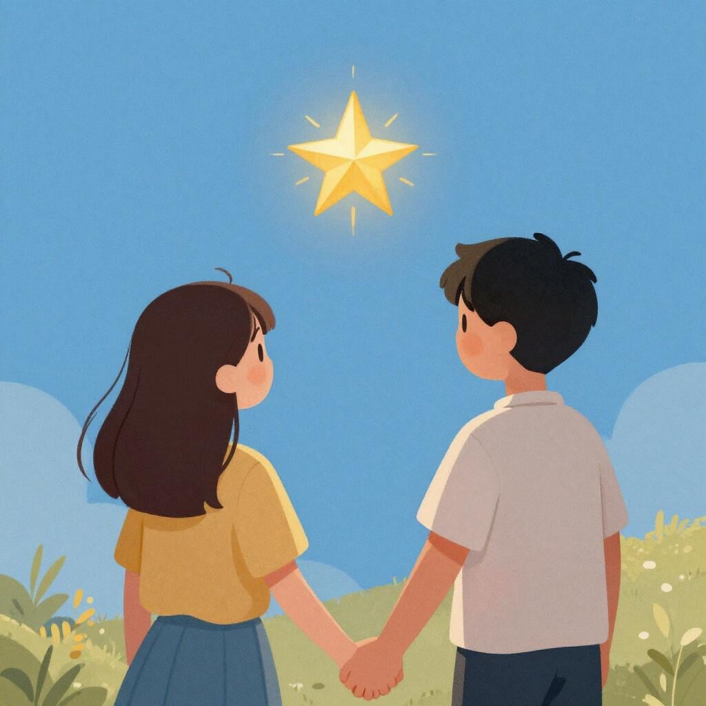 A colorful storybook illustration showing two stylized people, standing side-by-side and holding hands, gazing together towards a small, radiant golden star floating above them, symbolizing shared belief.