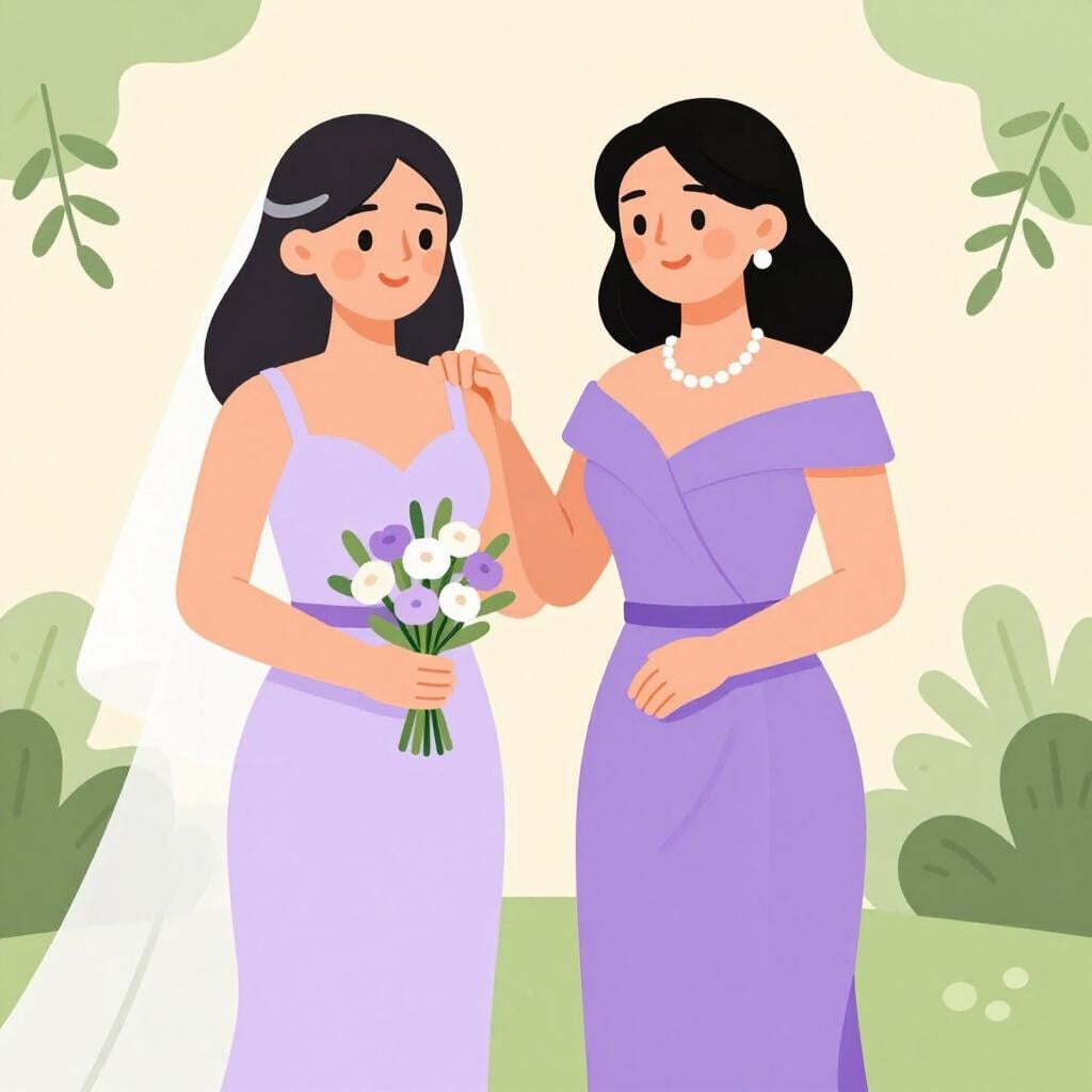 A woman in an elegant gown holding a bouquet of flowers, standing next to a bride in a white wedding dress.