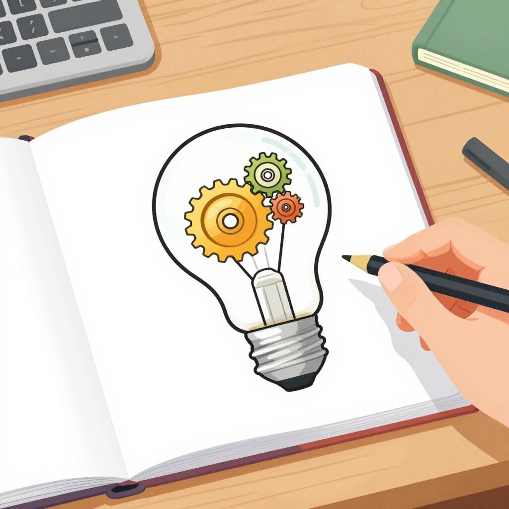 A detailed technical blueprint of a lightbulb with gears inside, resting on a wooden desk.