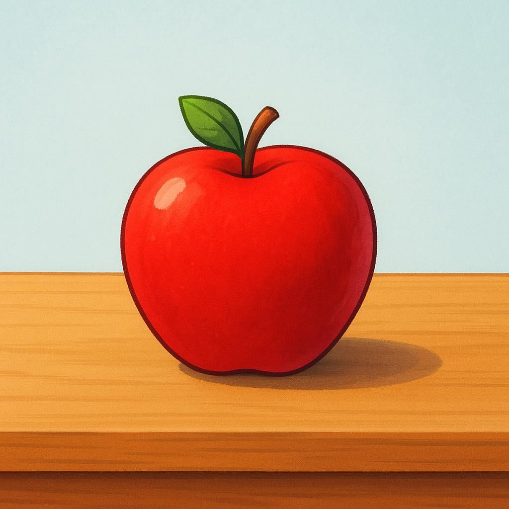 A single bright red apple resting securely on a smooth, flat wooden table, illustrating the concept of being set down.