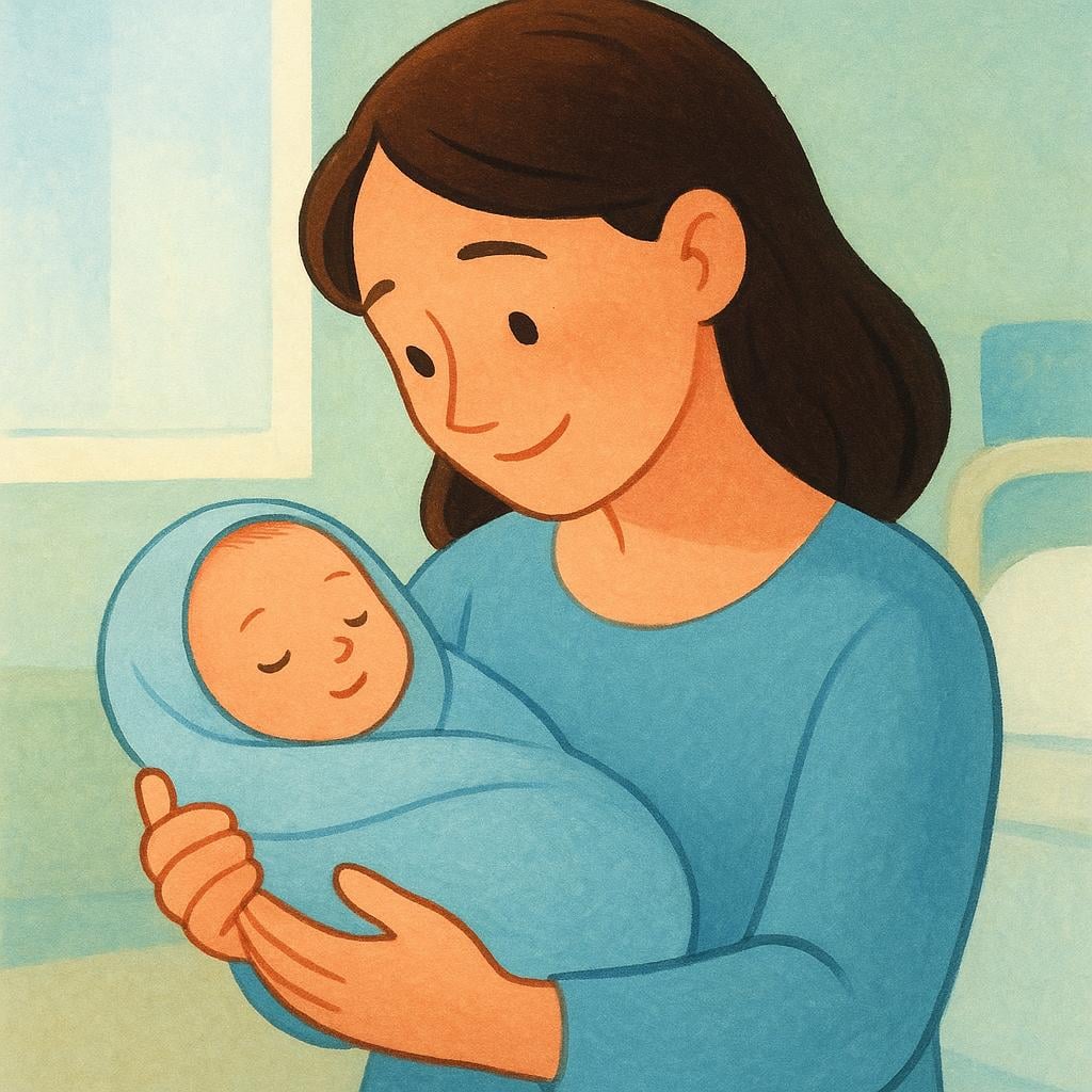 A happy mother gently holding a swaddled newborn baby on her chest, representing the moment of delivery.