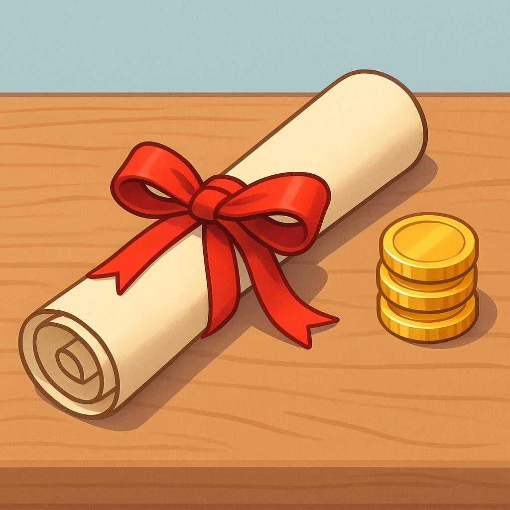 A scroll tied with a red ribbon lying on a wooden desk next to a small, neat stack of gold coins, symbolizing an invoice.
