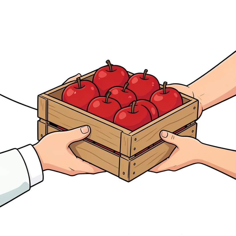 A person handing a large, colorful crate filled with fresh red apples to another person.