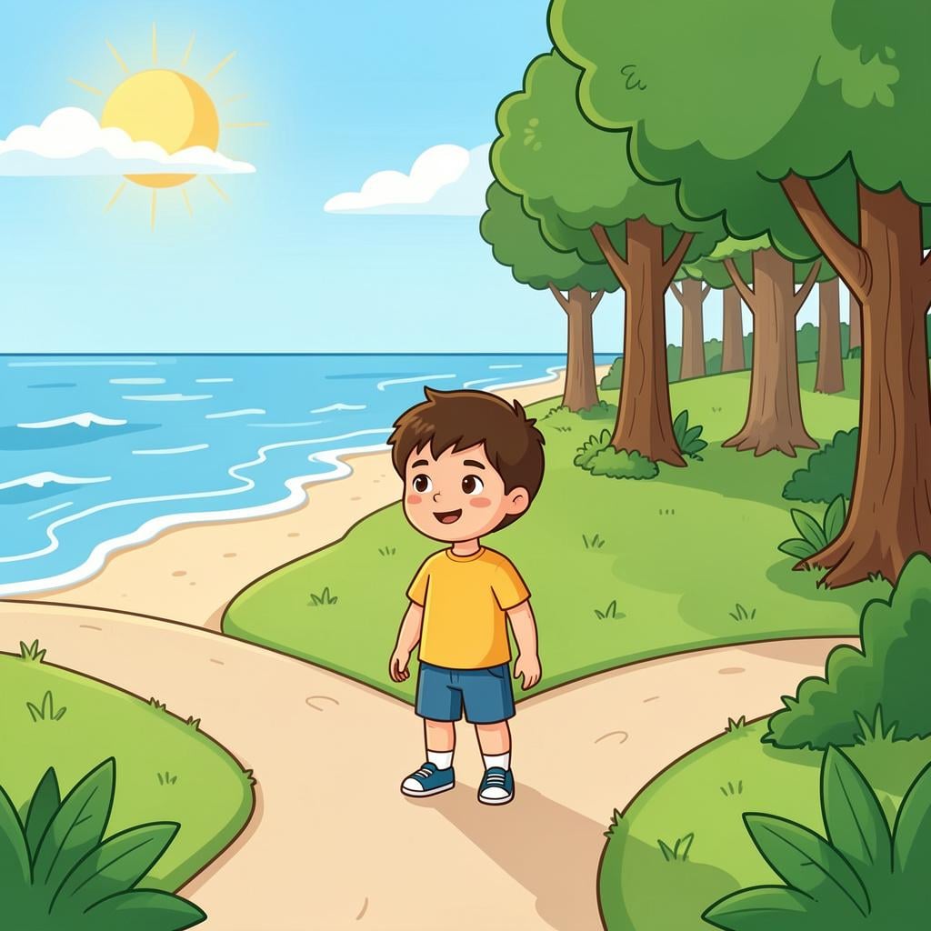 A child standing in front of two paths, one leading to a forest and one to a beach, deciding which way to go.