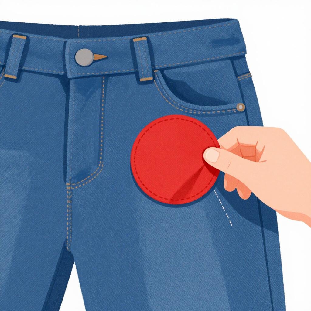 A mão de um alfaiate costurando um remendo colorido em um par de jeans azuis.