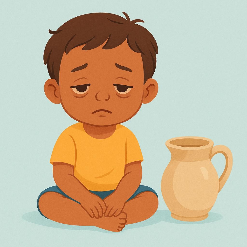 A child with dry lips looking longingly at an empty water pitcher, symbolizing physical thirst.