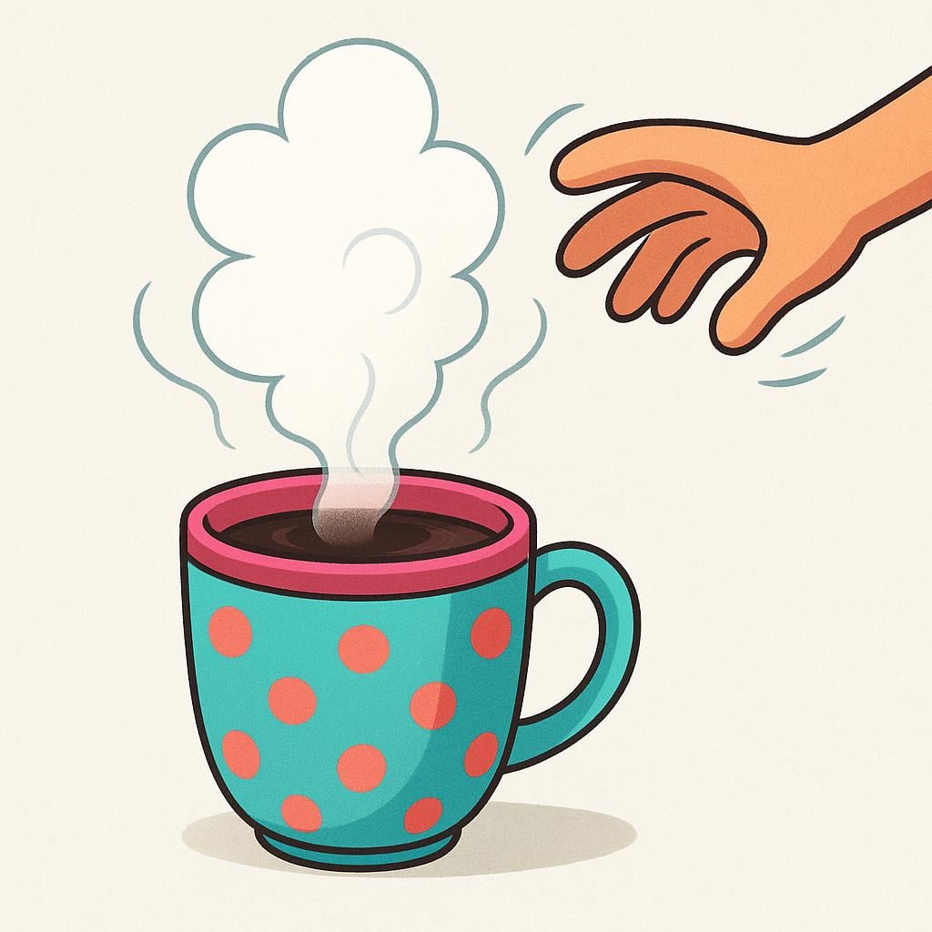 A simplified cartoon hand hovering just above a mug, visibly recoiling from a large plume of bright white steam rising from the hot liquid.